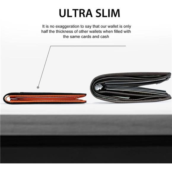 Mens Slim Wallet Minimalist Genuine Leather Carbon Fiber Rfid Blocking Orange - Picture 5 of 6